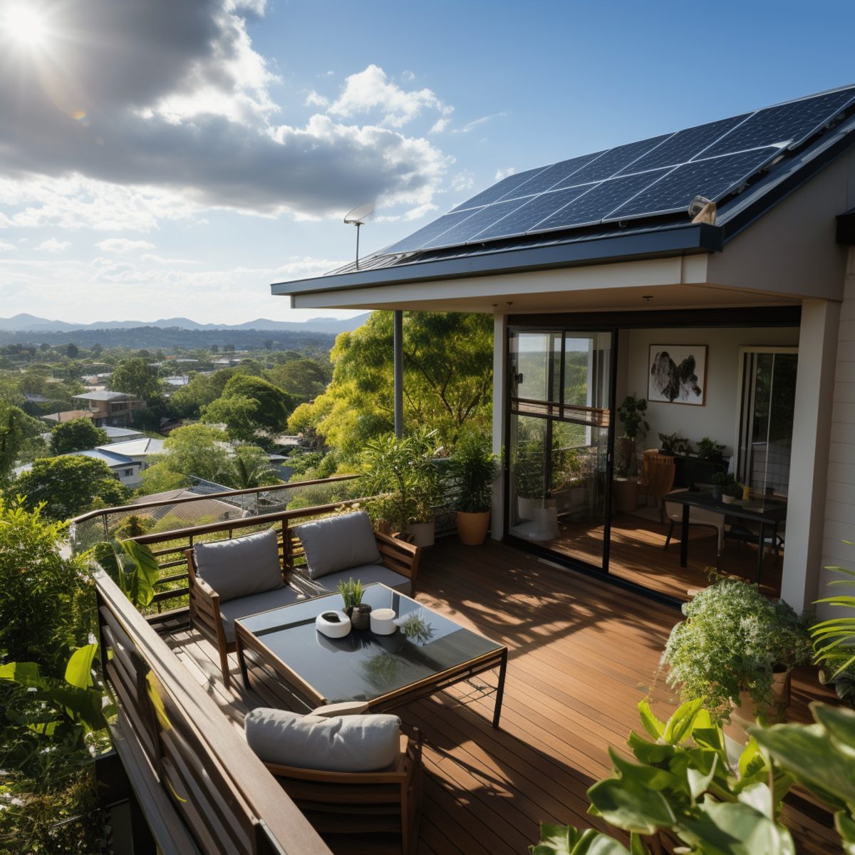 Eine moderne Villa in der Stadt mit einer Solaranlage auf dem Dach